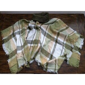 New Harve Benard Knit Plaid Poncho Scarf Olive Green Tan Oversized Cozy Core